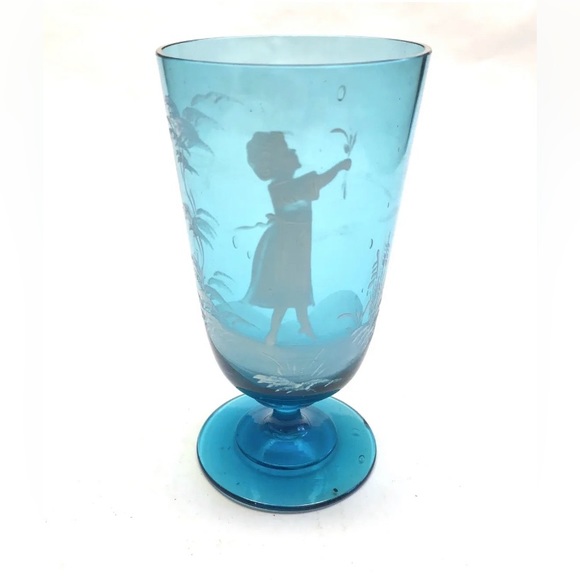 Vintage Hand Painted Glass Azure Blue Stemware Drinking Goblet With Girl - Picture 1 of 6